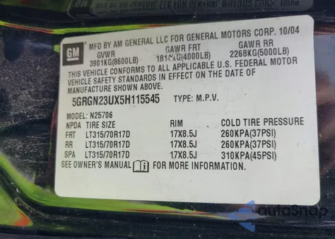 2005 Hummer H2 Suv from USA, damaged, VIN 5GRGN23UX5H115545